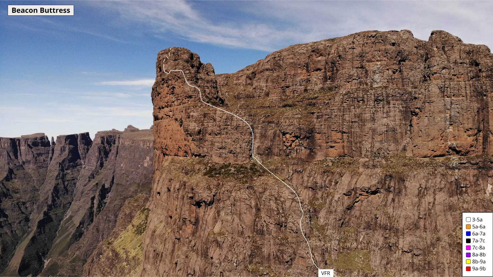 Route Topo for Beacon Buttress, Northern Drakensberg