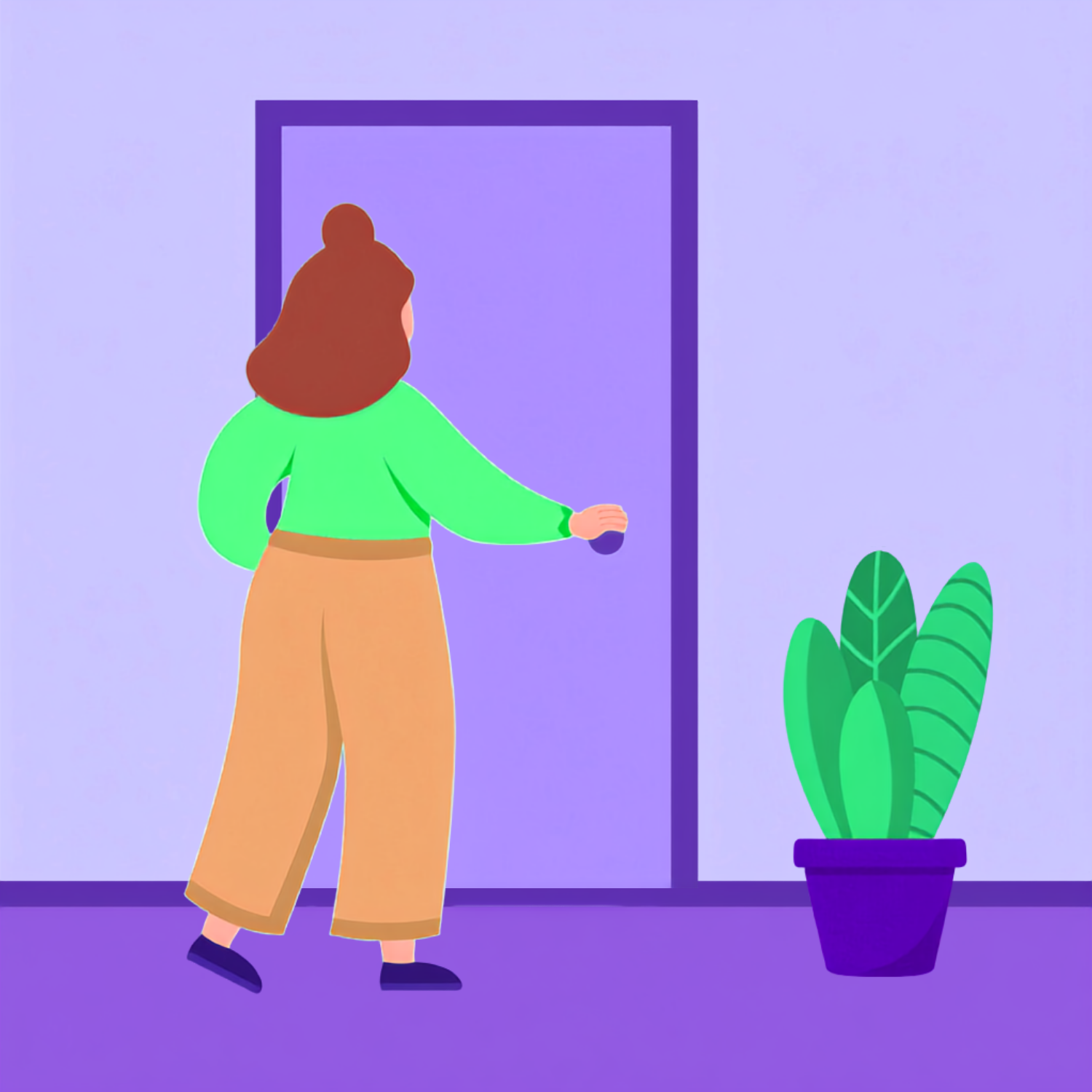 Illustrated woman opening a door