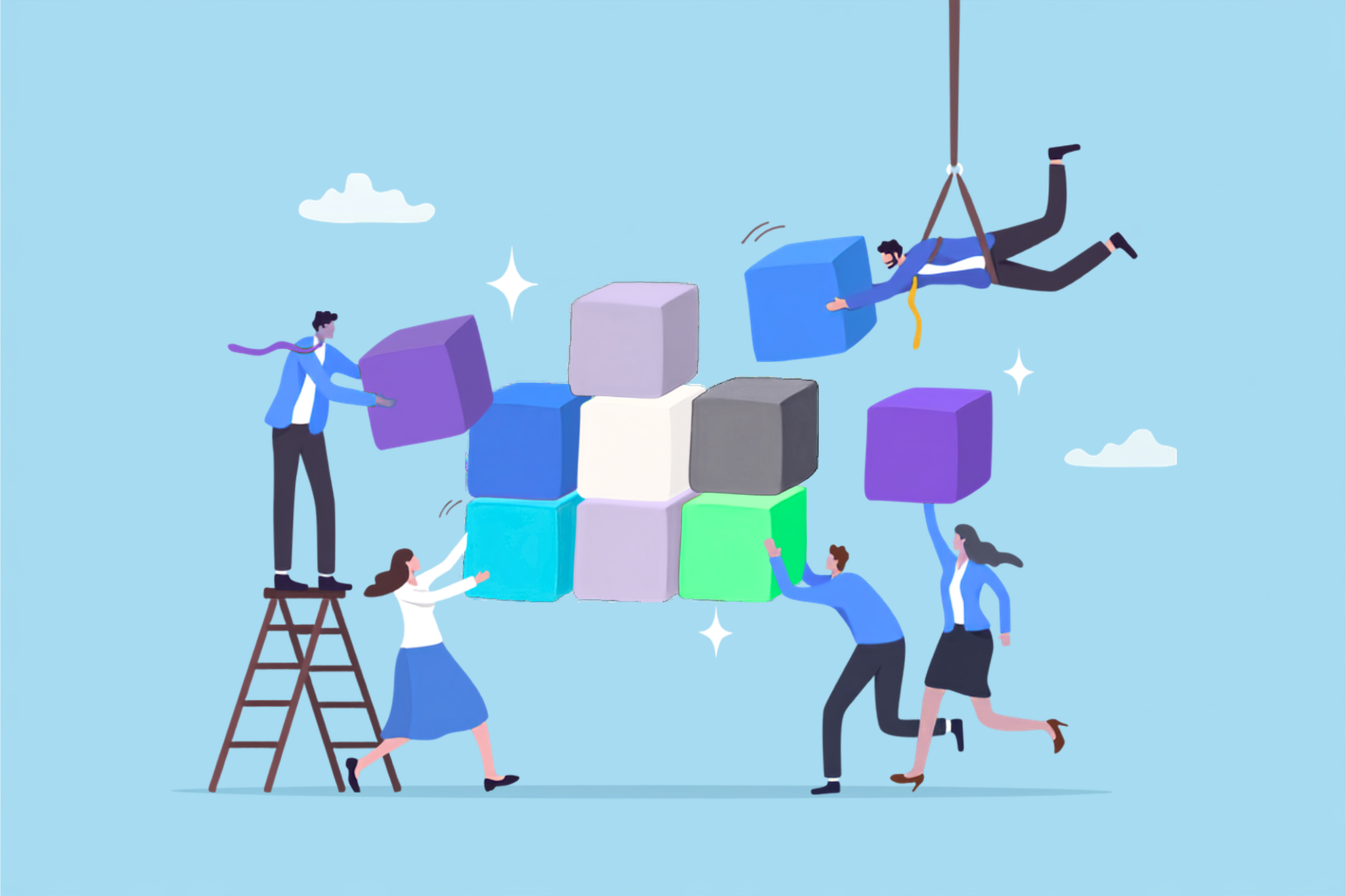 Illustration of team members setting up building blocks