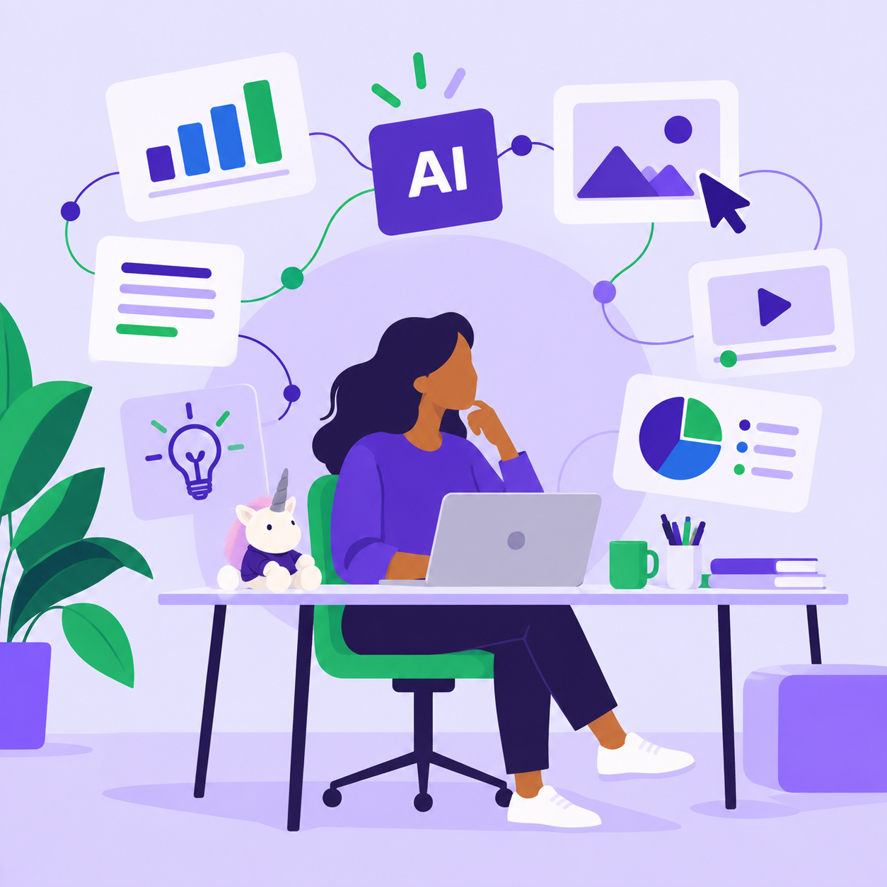 Illustration of a marketer working at a laptop with AI-connected marketing tools and a small unicorn mascot on her desk.