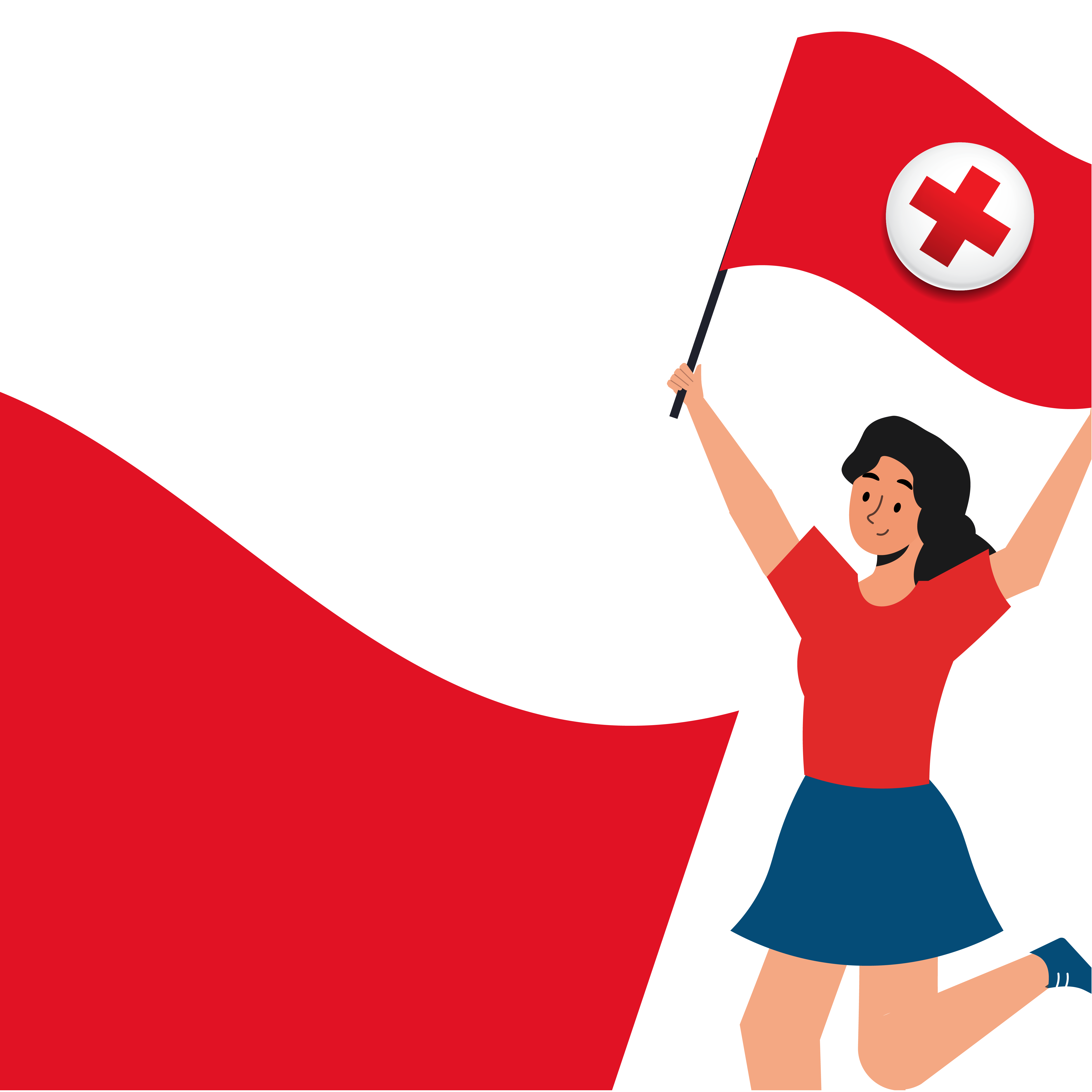 Young woman jumping while waving an American Red Cross flag in a youth program illustration.