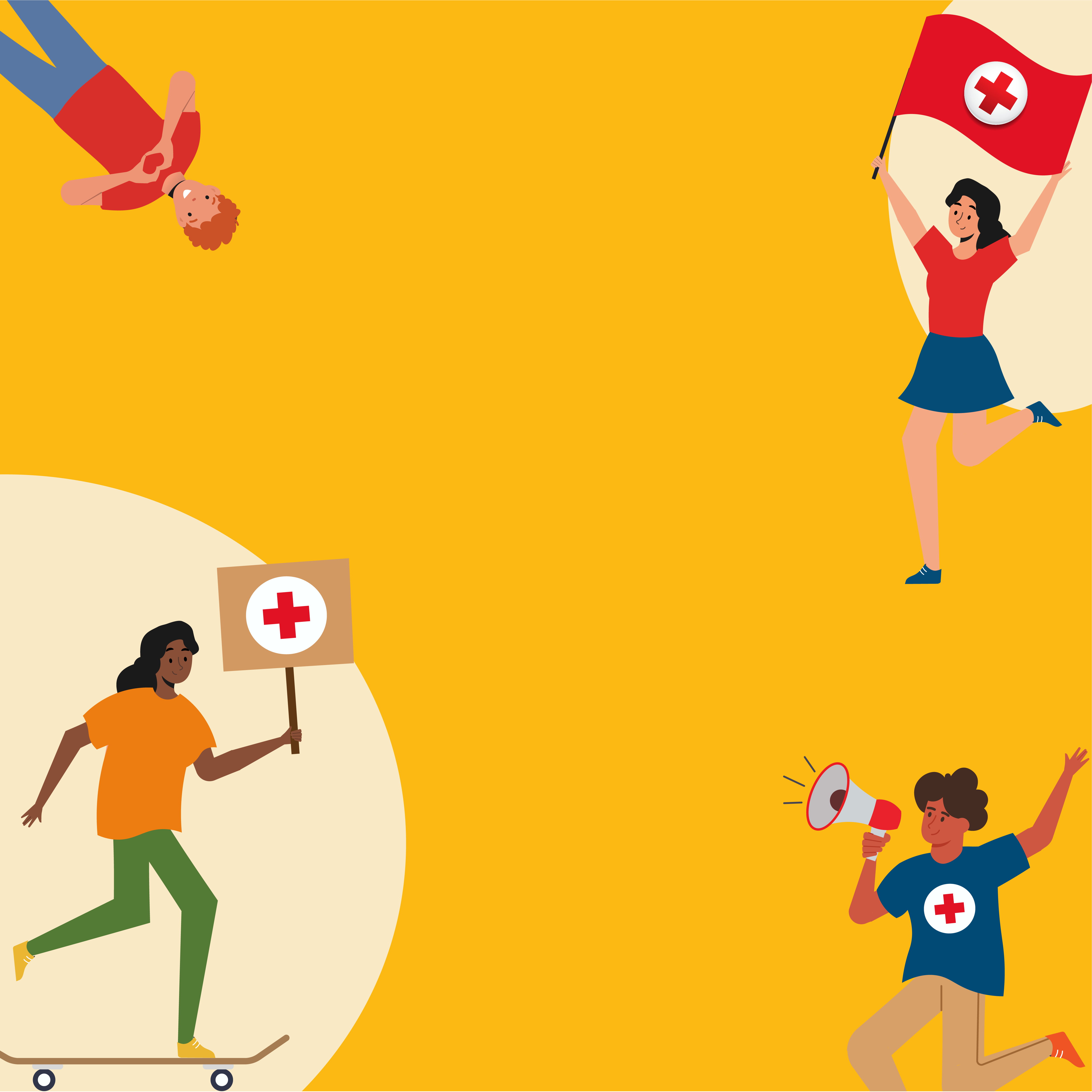 Young people participating in American Red Cross youth activities, including skateboarding, holding a sign, waving a flag and using a megaphone.