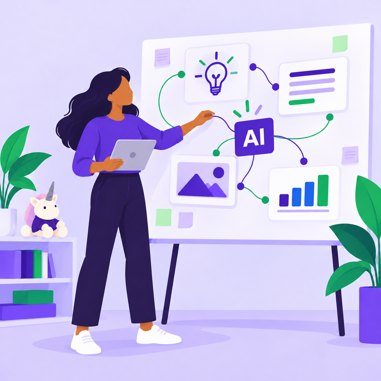 A marketer connects strategy, copy, design, and analytics on an AI-supported campaign board, with a small unicorn mascot nearby.