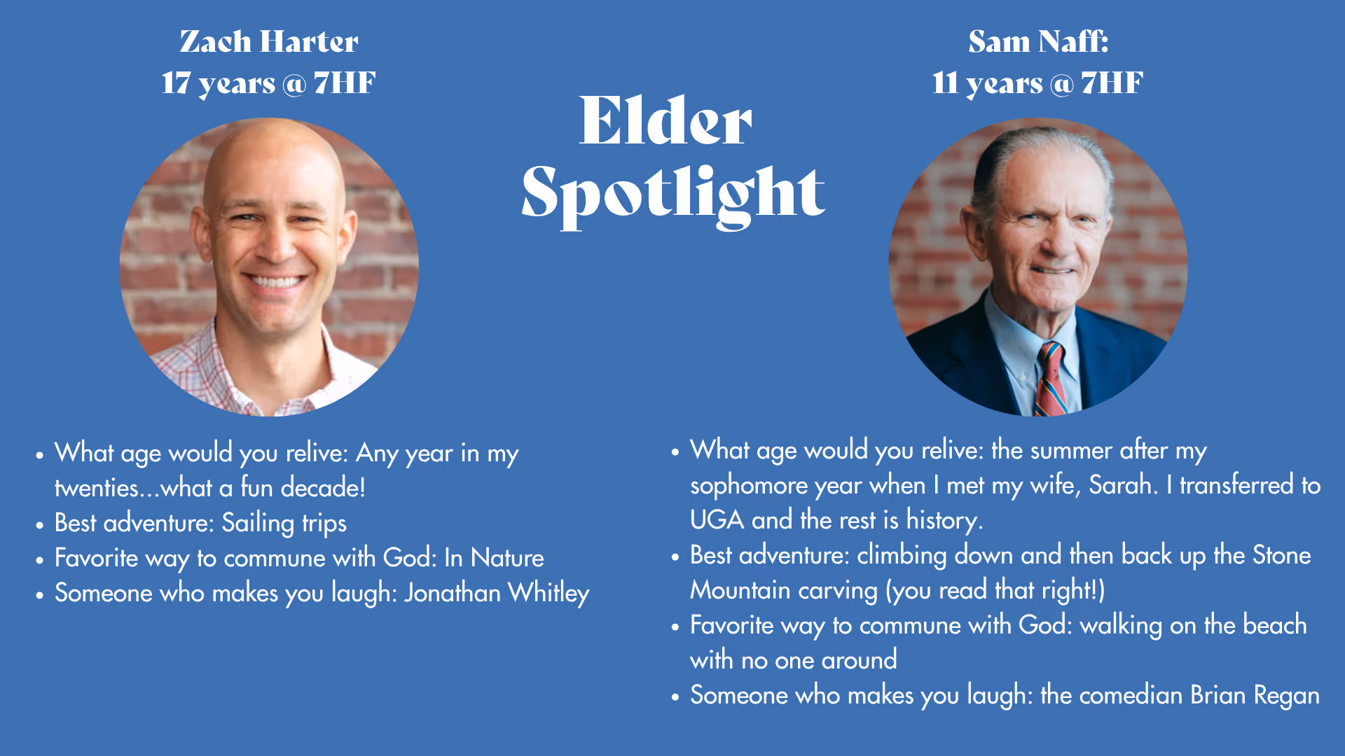 Staff Spotlight. Jeff Sumners, Ministry Director: current hobby, smoking meat; childhood ambition, airline pilot; favorite places visited, Red Square in Moscow and Crested Butte, Colorado; positive influence, Bill Wood, mentor at Perimeter. Thelma Earp, Children's Director: current hobby, birding; childhood ambition, teacher; favorite place visited, Ireland; positive influences, husband Harrison and Uncle Rob, a high school science teacher.