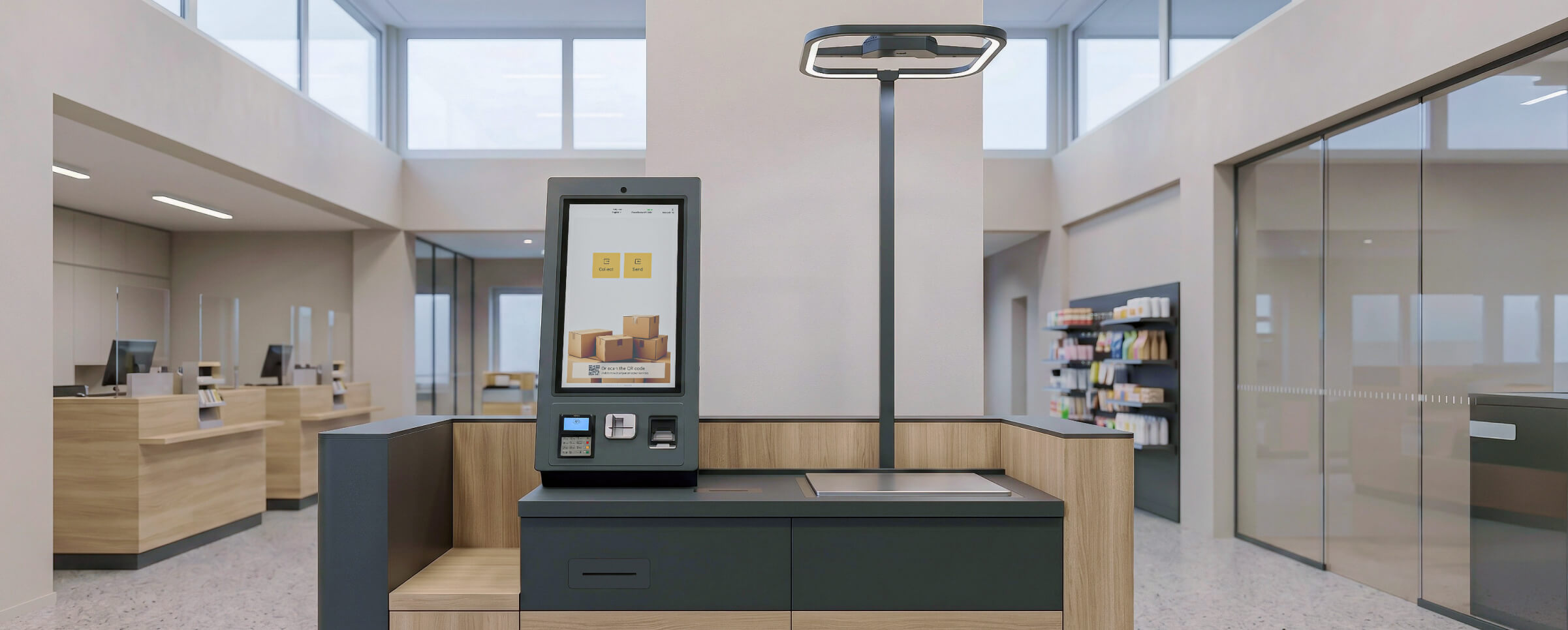 Self-service parcel drop-off table in a national post office