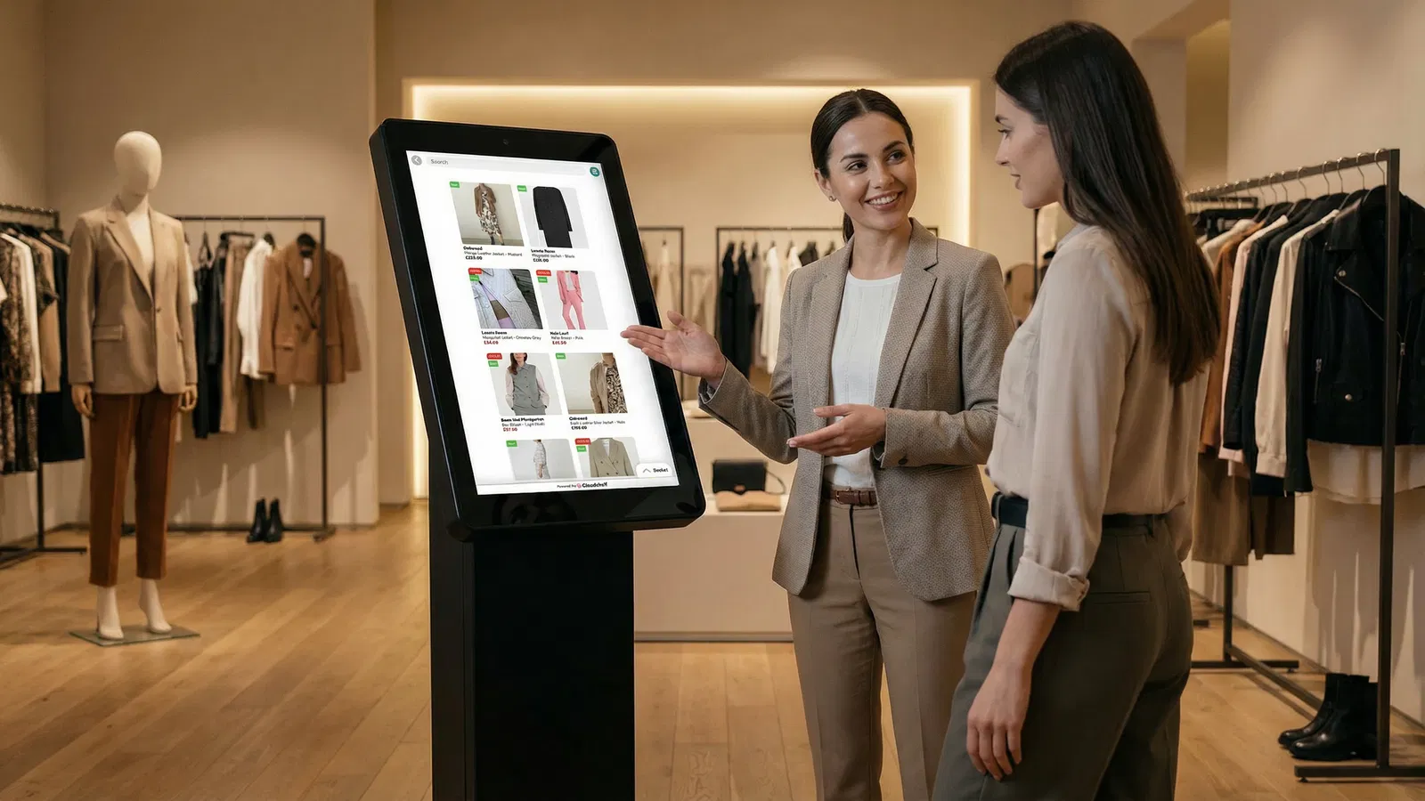 A sales person showing customer Cloudshelf on an interactive kiosk in-store
