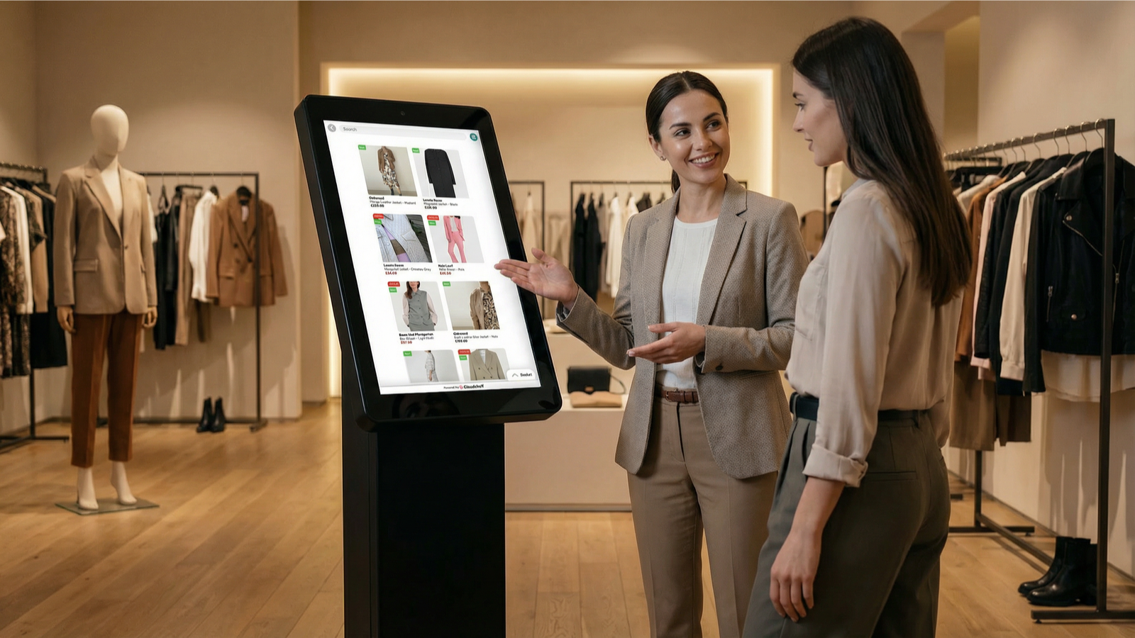 Sales person showing shopper an interactive kiosk solution in-store