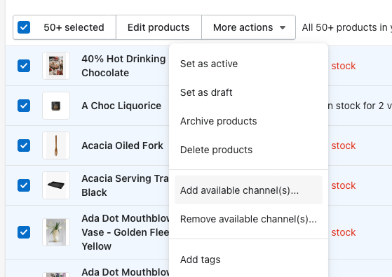 Shopify product list: bulk-edit availability to add the Cloudshelf channel