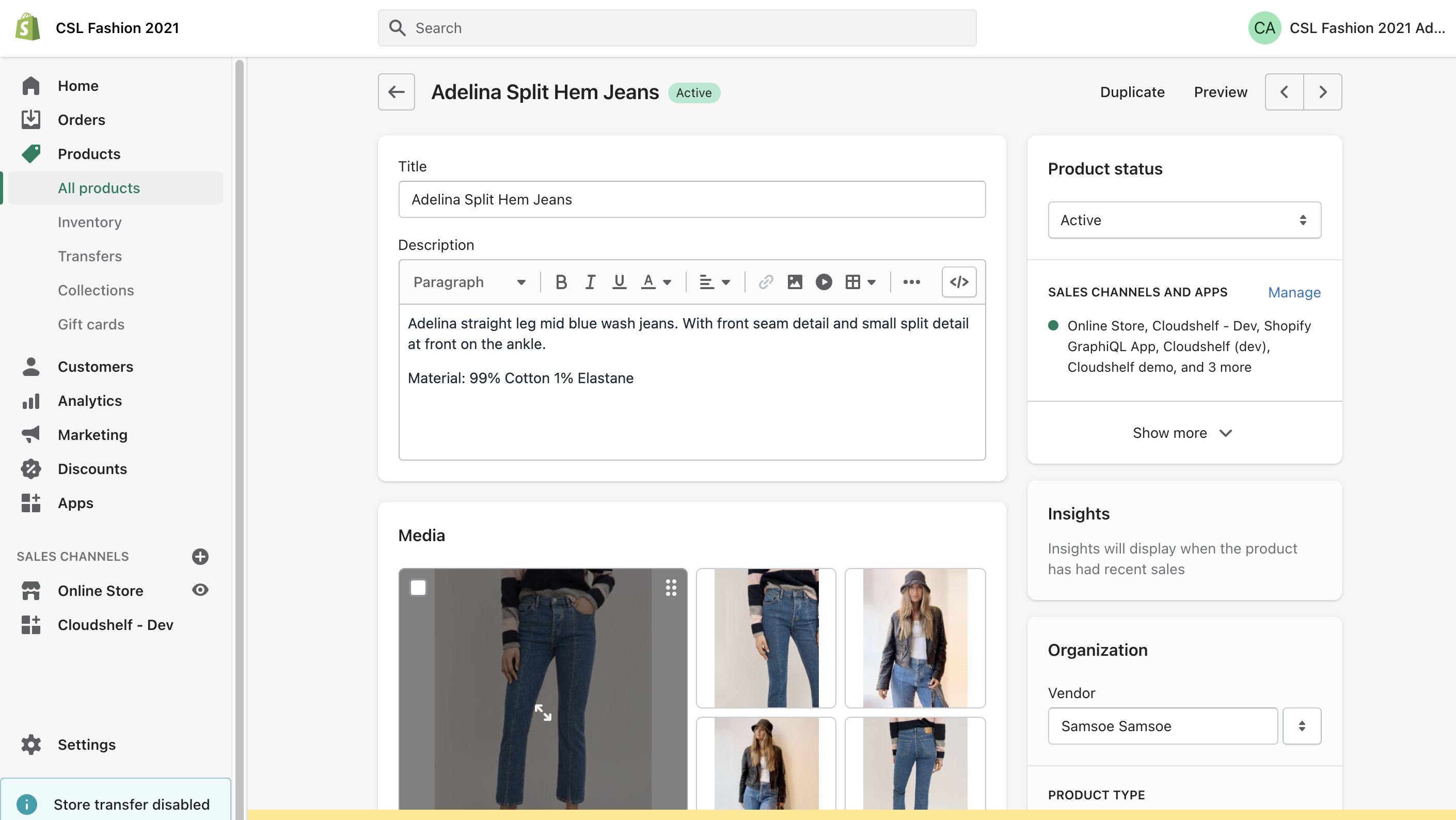 Shopify admin: Products, All products