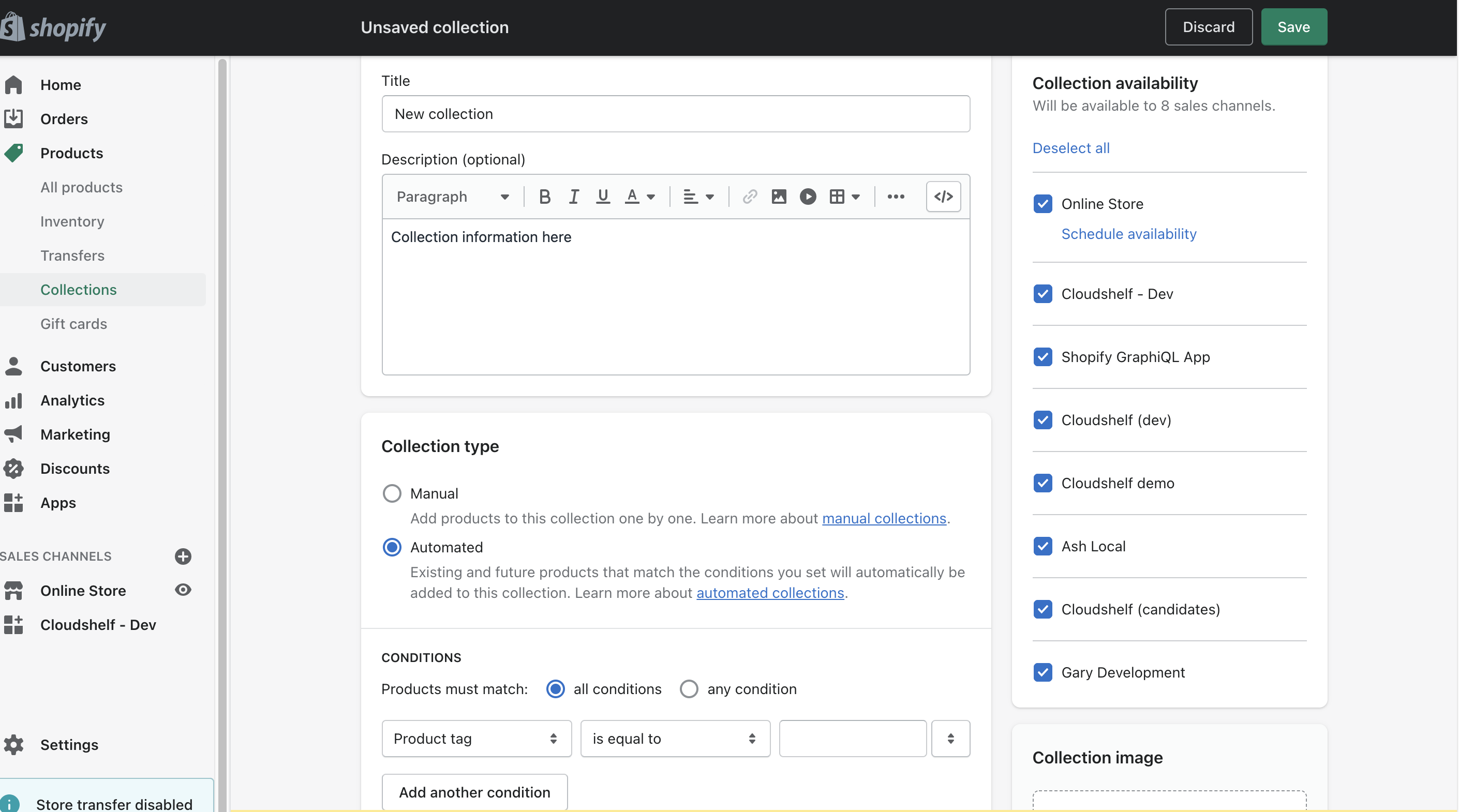 Shopify: Products, Collections, Create collection