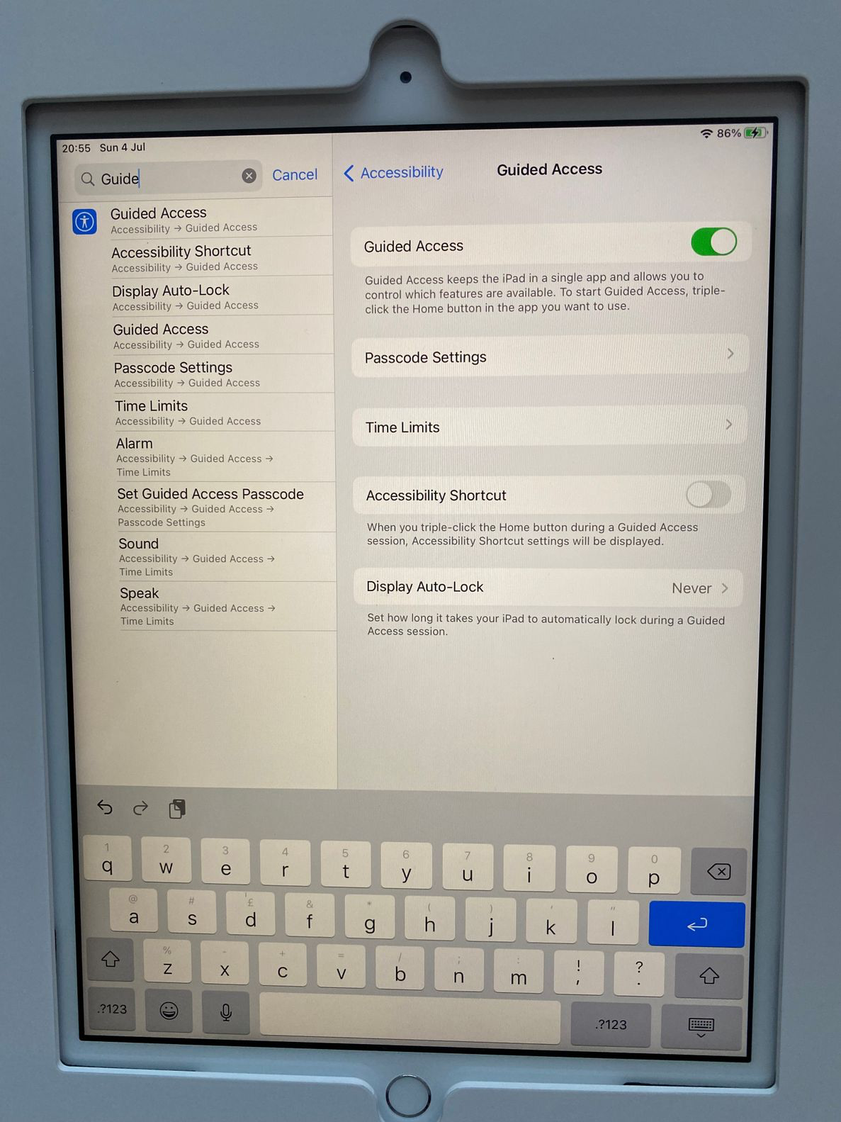 Guided Access passcode and auto-lock settings