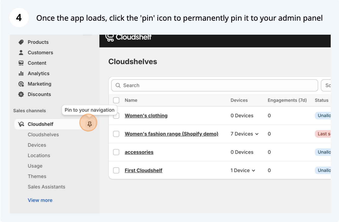 Pin the app in Shopify admin, step 4 of 4