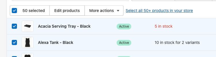 Selecting all products in Shopify (screenshot 1 of 3)
