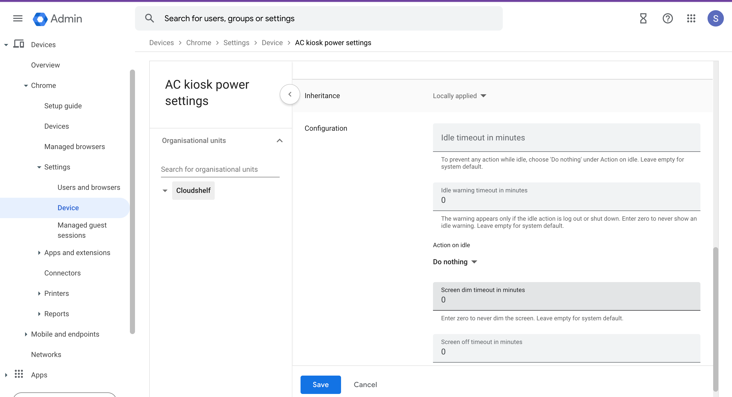 Google Admin AC power settings with timeouts set to 0