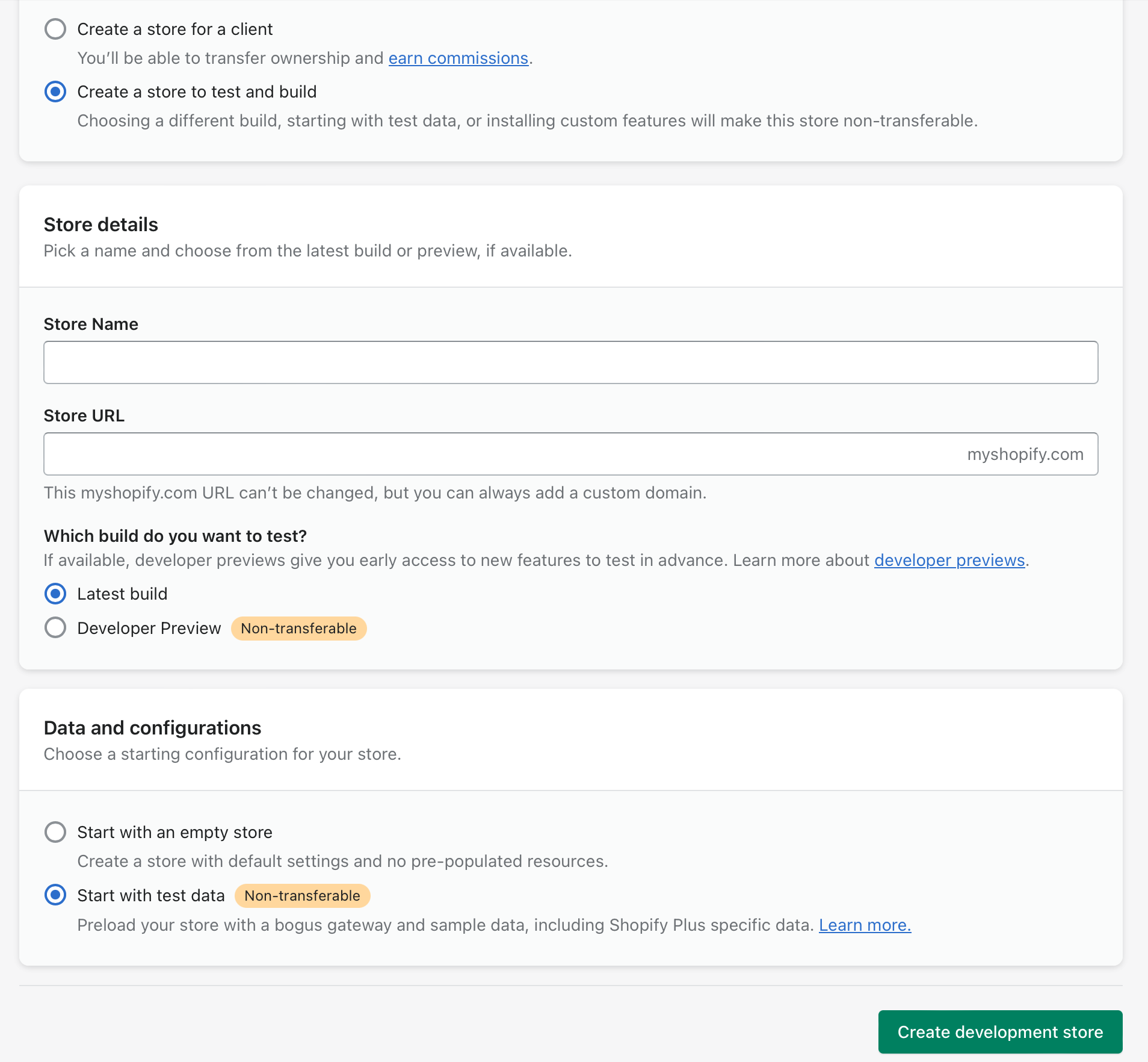 Create a store to test and build, start with data
