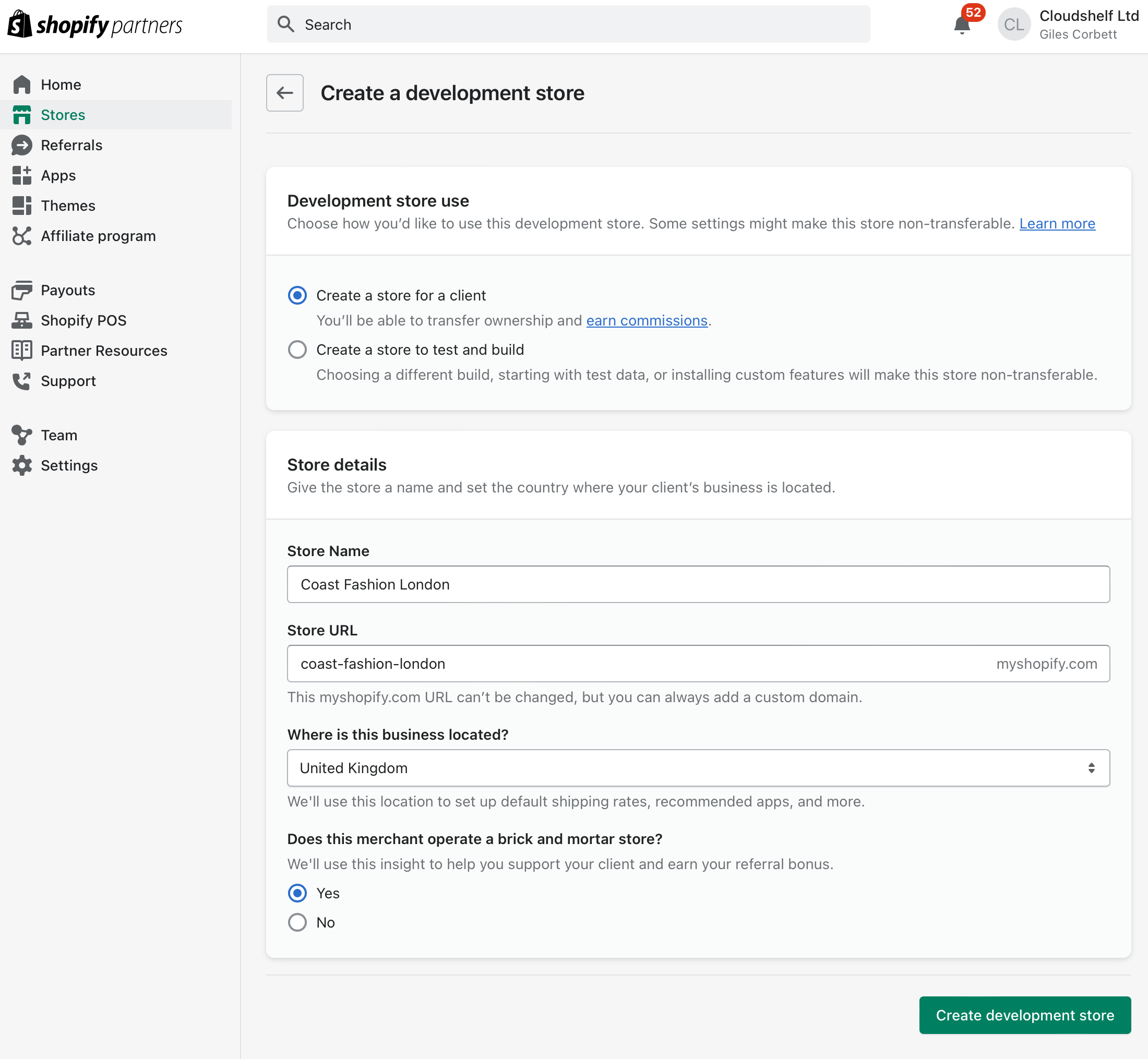 Create a store for a client