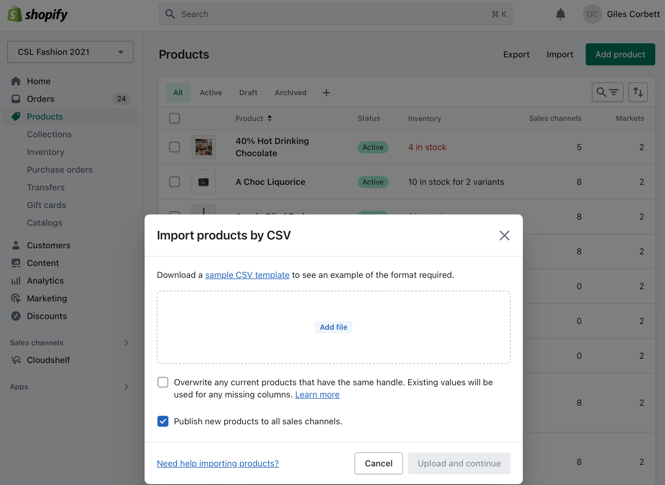 Shopify Products, Import button
