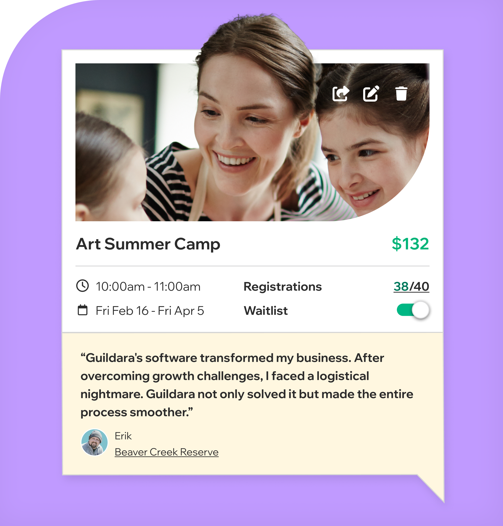 “Guildara's software transformed my business. After overcoming growth challenges, I faced a logistical nightmare. Village not only solved it but made the entire process smoother.” - Erik, Beaver Creek Reserve
