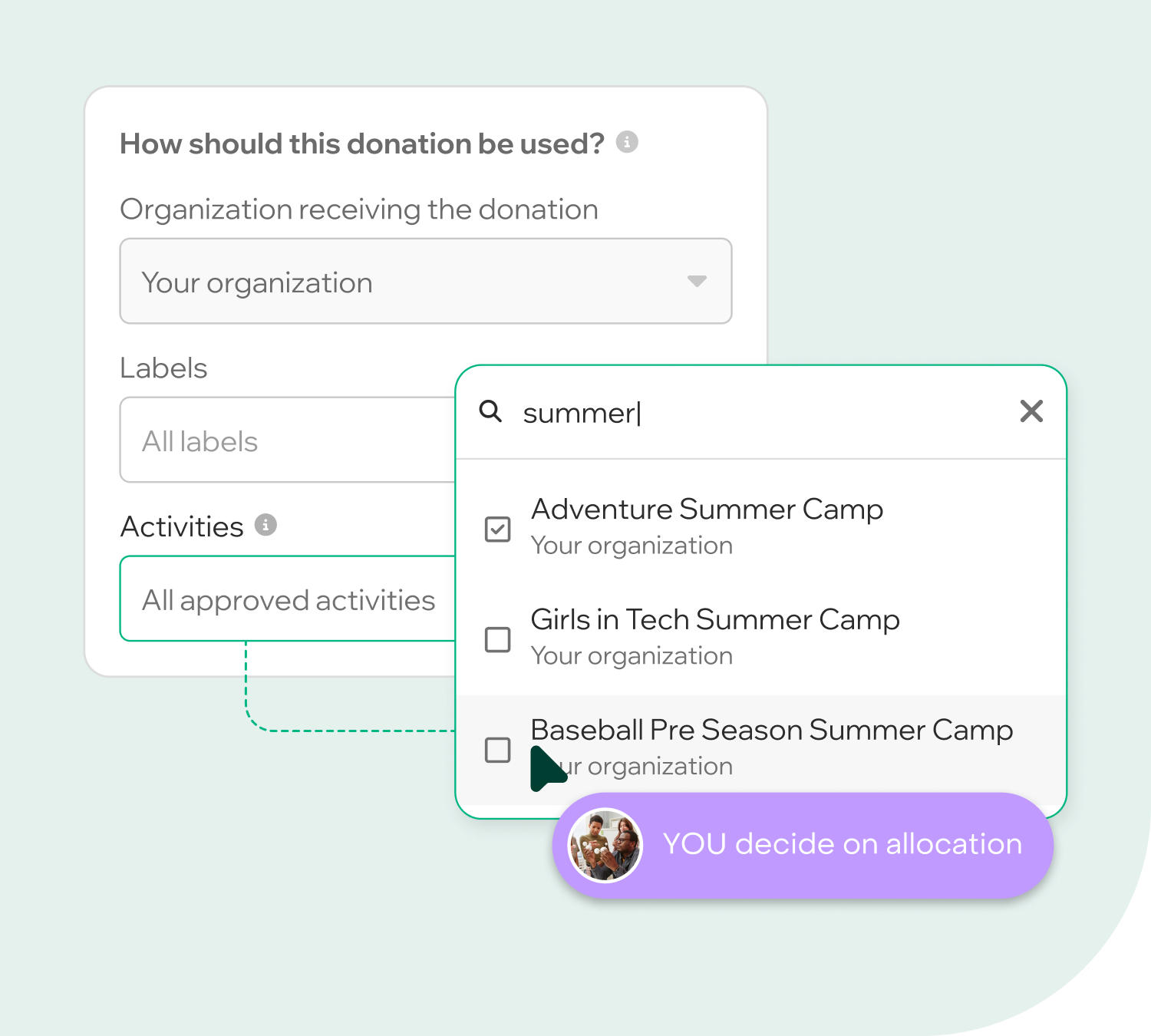 Donation customization form that allows donors and businesses to add donations to be used for specific activities listed on Guildara.