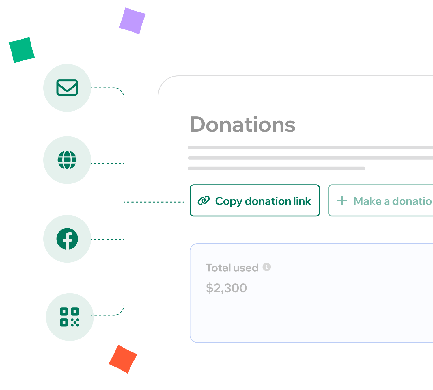 A "copy donation link" is available for organizations to share to their community via email, website, social media and QR