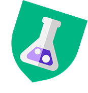 White laboratory flask with purple liquid and bubbles inside on a green shield background.