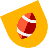 Stylized football icon with red and orange colors on a yellow rounded triangular background.