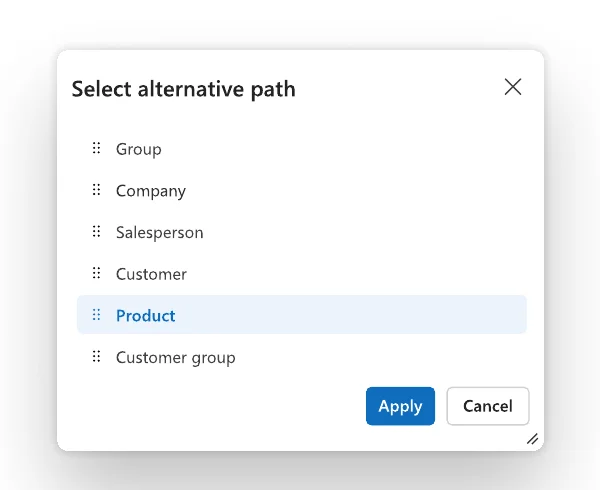 New dialog: drag handles, a highlighted selected path and a primary Apply button