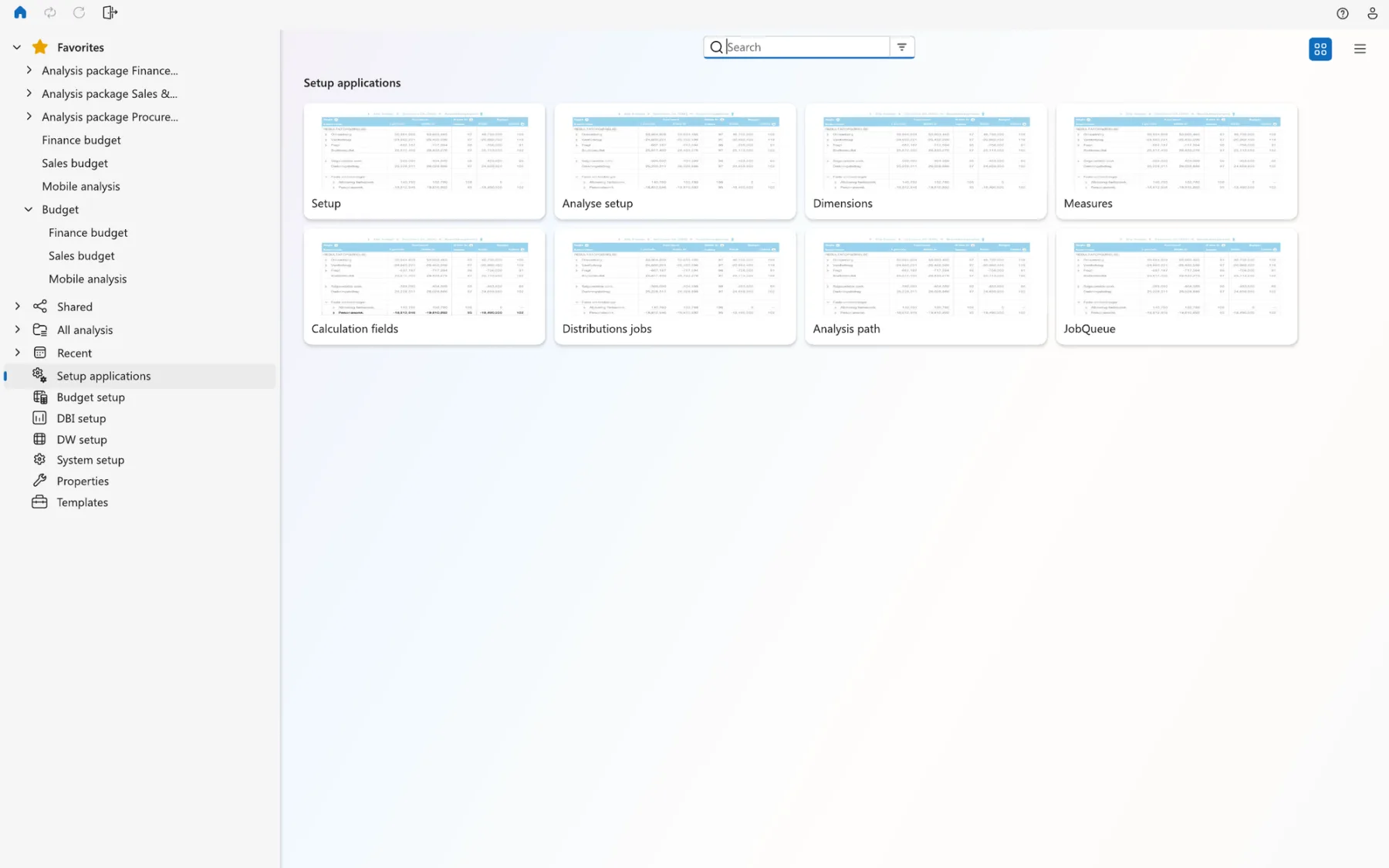 New home with a sidebar, search and setup application cards