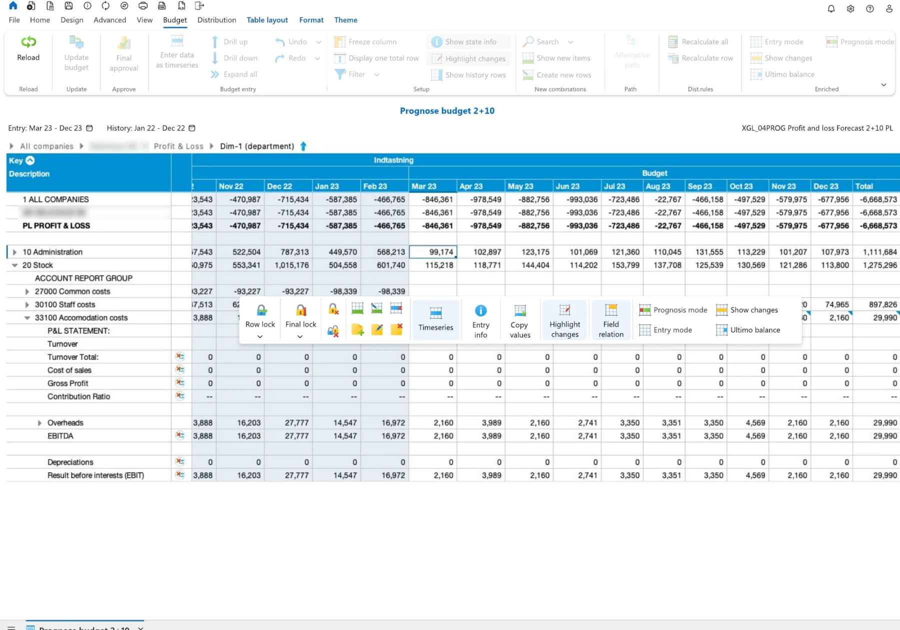 After: web budget entry with a quick bar of row actions next to the selected cell