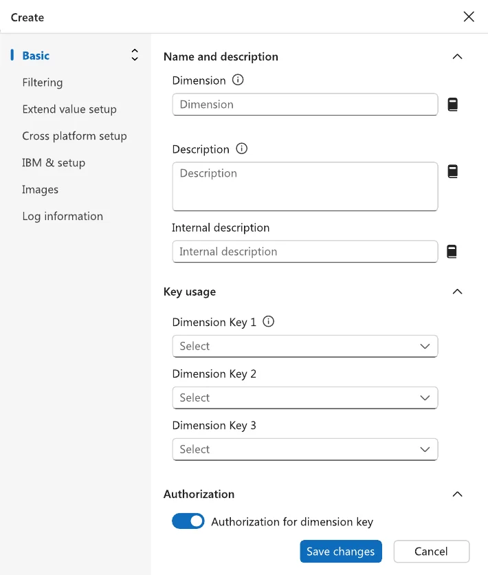 New create panel: section navigation on the left, labelled fields with help icons, Save changes at the bottom