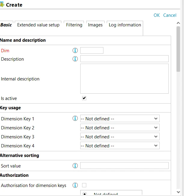 Old create form: OK and Cancel as links at the top, five tabs, fields in a dense table