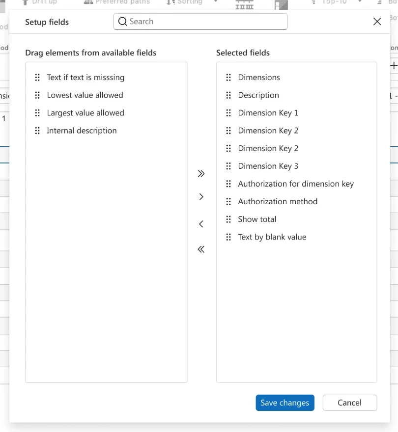 New Setup fields dialog: search at the top, available and selected fields side by side with drag handles and move buttons, Save changes and Cancel at the bottom