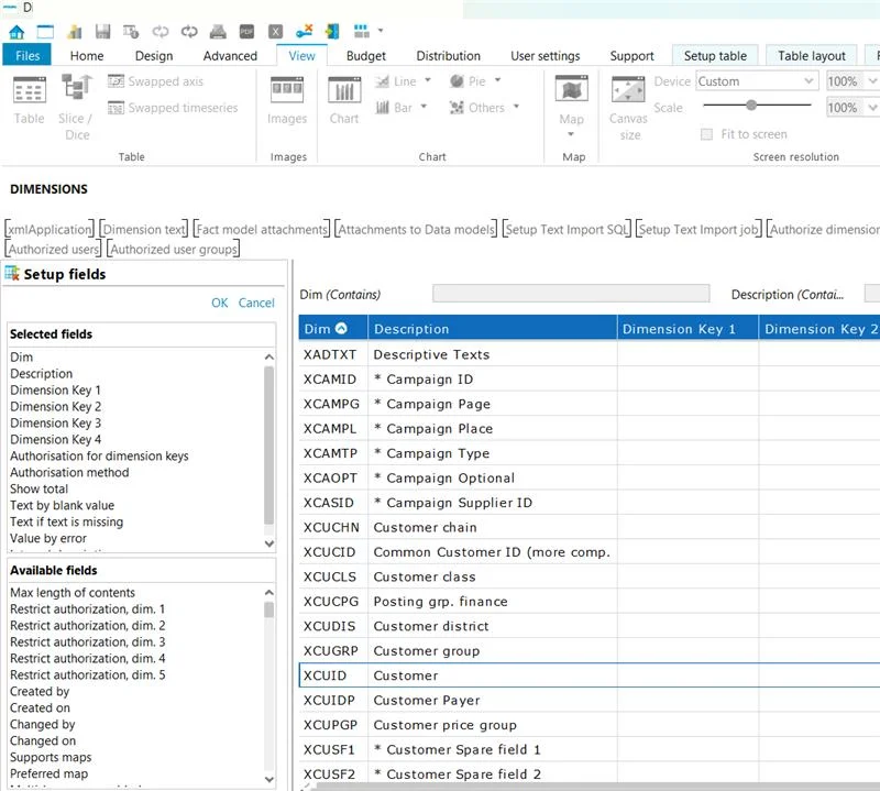 Old Setup fields panel beside the table: two stacked scrolling lists, no search, OK and Cancel as links
