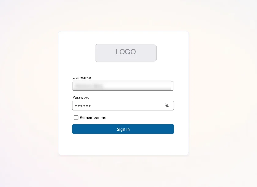 New sign-in card with labelled fields, show-password toggle, Remember me and one Sign in button