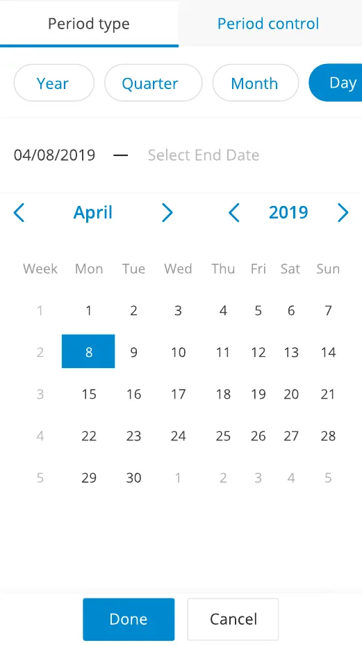 Period picker with year, quarter, month and day