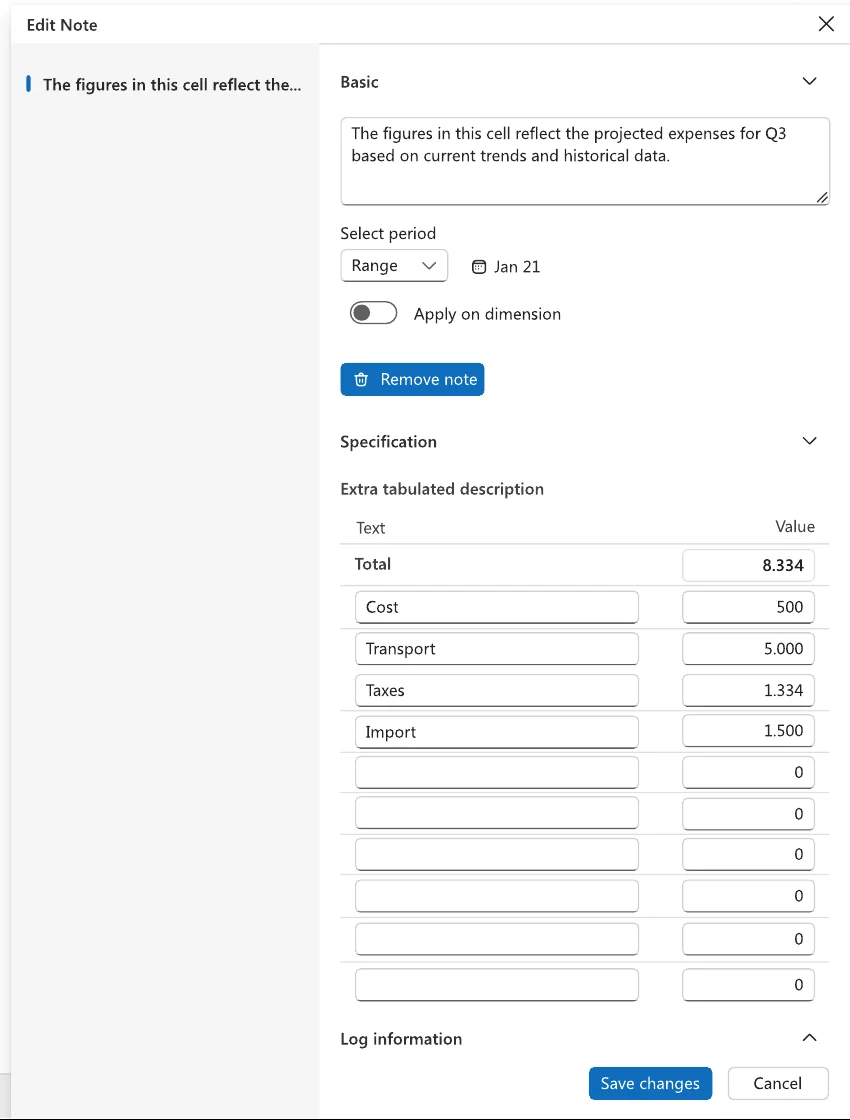 New Edit note panel: notes listed on the left, collapsible Basic, Specification and Log sections, period selection and Save changes at the bottom