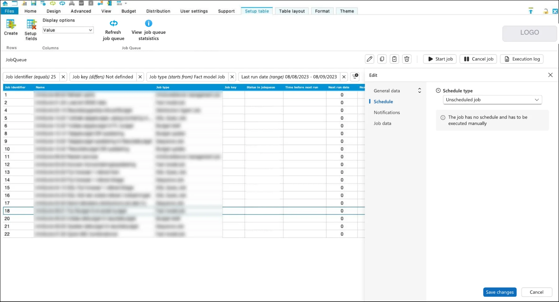 Job queue with filter chips, Start job, Cancel job and Execution log in the toolbar, and an edit panel