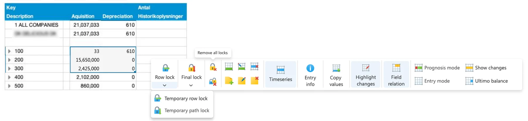 New right-click quick bar: Row lock and Final lock with dropdowns for temporary row and path locks, tooltips such as Remove all locks, grouped actions and clear modes