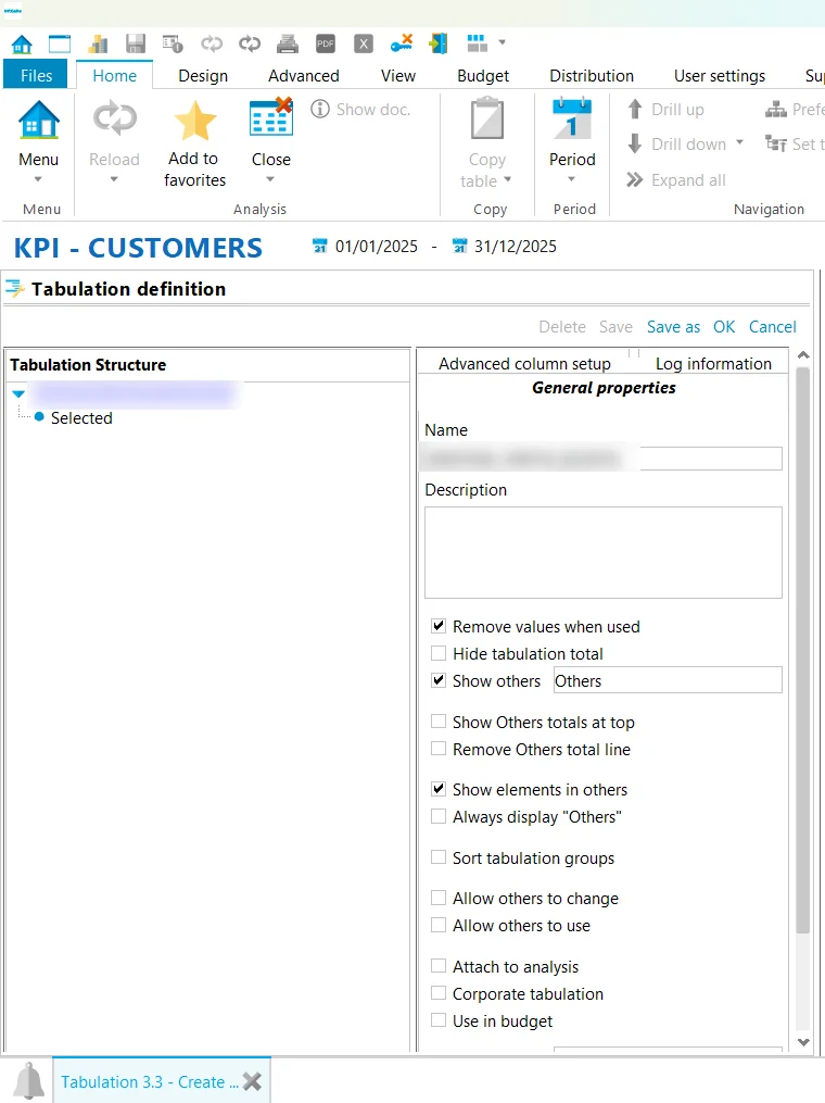 Old tabulation definition: structure tree, five text links and a long list of checkboxes