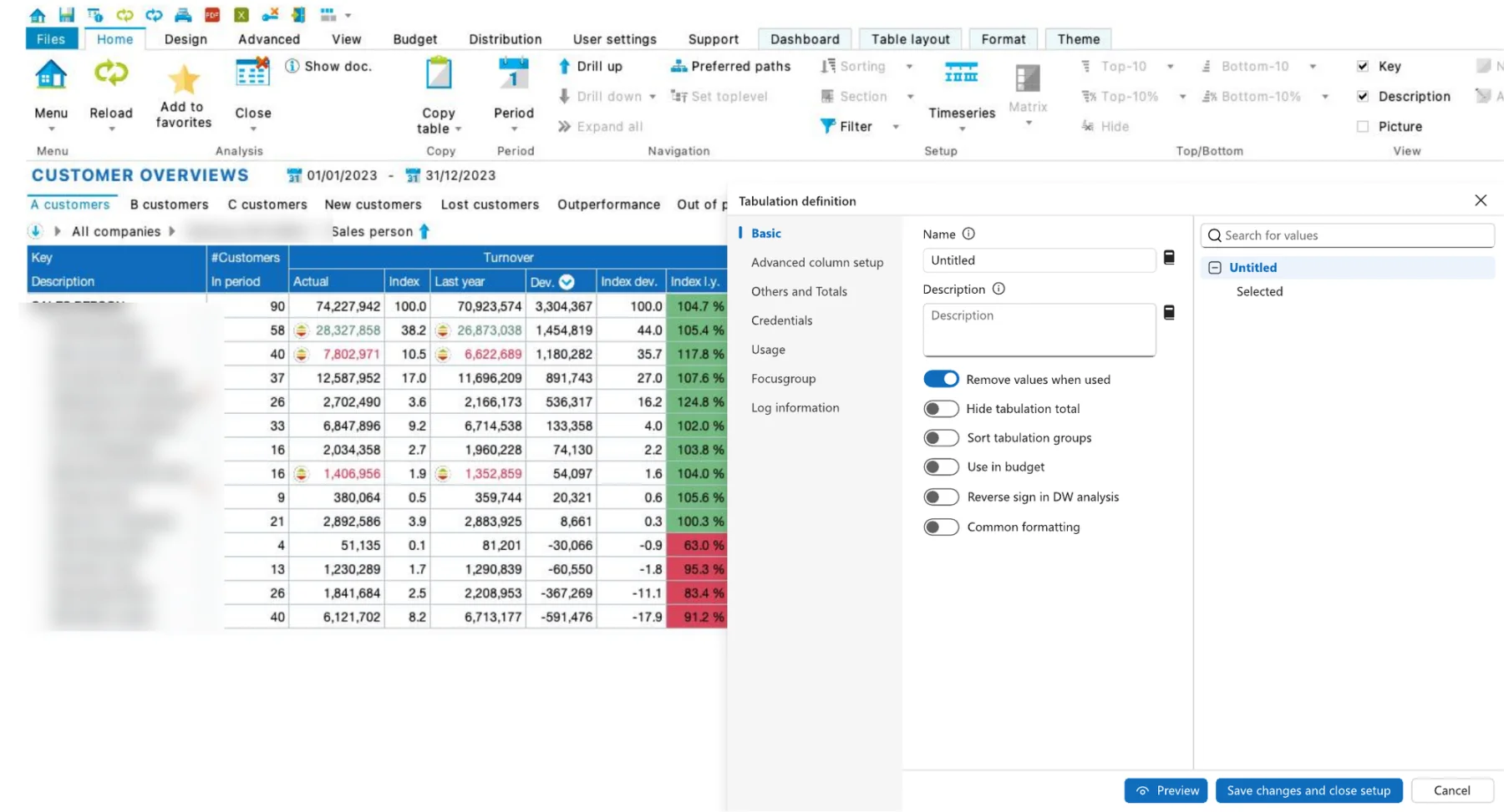 New tabulation definition panel beside the analysis with sections, switches, Preview and Save changes and close setup