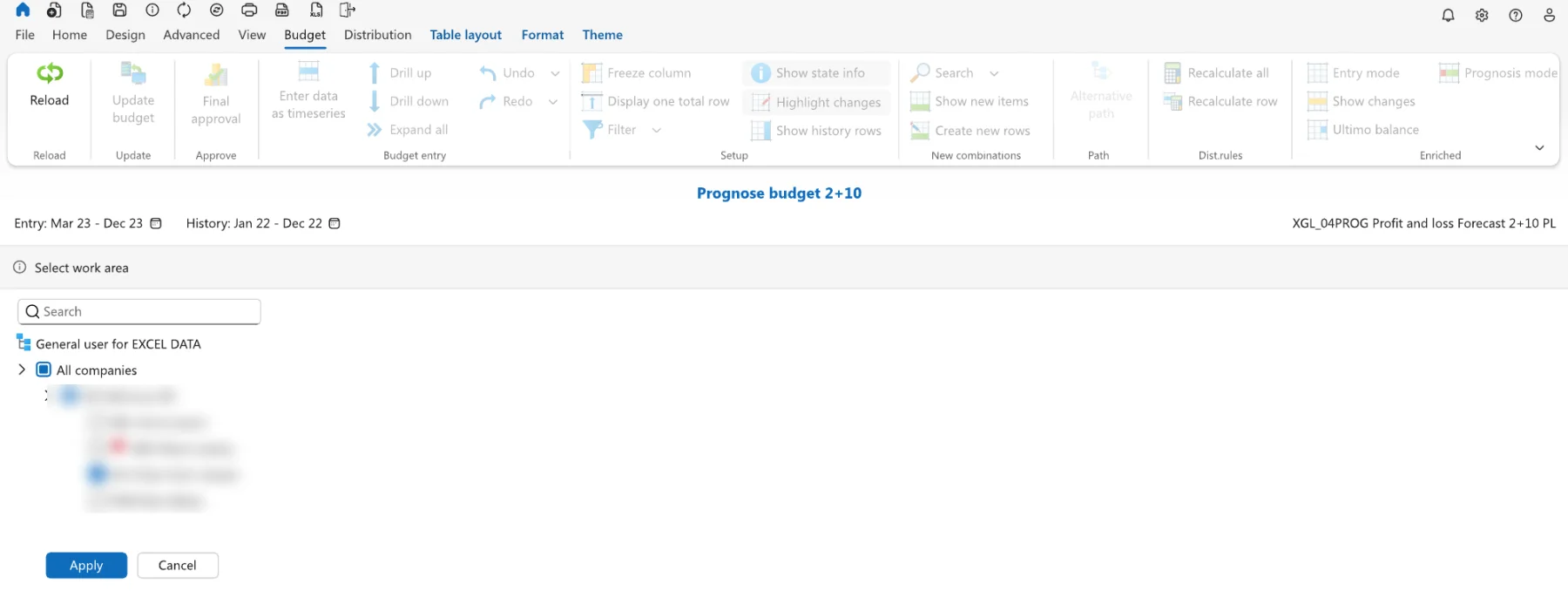 New work area selection with search, checkboxes with a partial state, and Apply and Cancel buttons