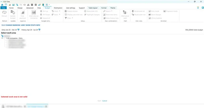 Old work area selection: a bare tree, an error shown before the user did anything, and a disabled Start link