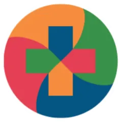 Circular logo with overlapping shapes in orange, green, red, and blue forming a cross in the center.