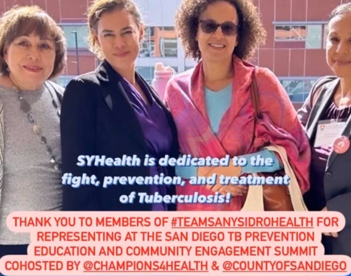 Four women standing together, with text overlay about SYHealth’s dedication to tuberculosis fight, and thanks to #TeamSanYsidroHealth for representing at the San Diego TB Prevention Education and Community Engagement Summit.