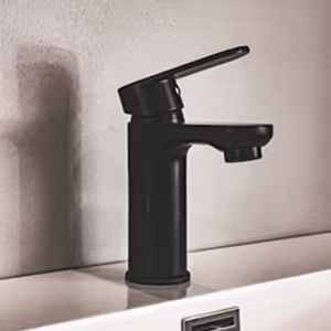 Modern black faucet mounted on a white sink against a neutral wall.