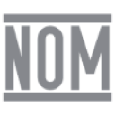 Black uppercase letters N, O, M stacked vertically and horizontally in a stylized design.