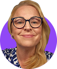 A headshot of a smiling blonde woman with glasses edited in a simple circle graphic that has a bright purple background.