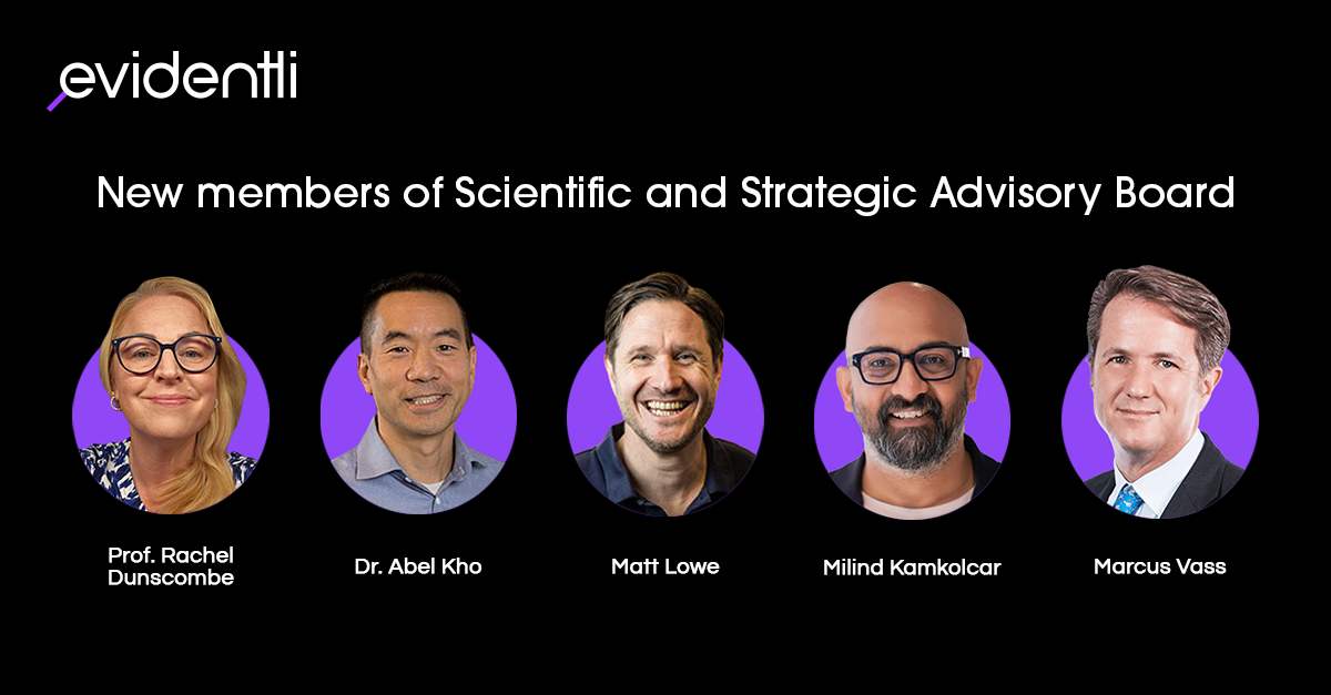 A simple graphic with a black background featuring the headshots of five people. Each person's headshot is edited into a bright purple circle graphic. The title reads: "New members of Scientific and Strategic Advisory Board"