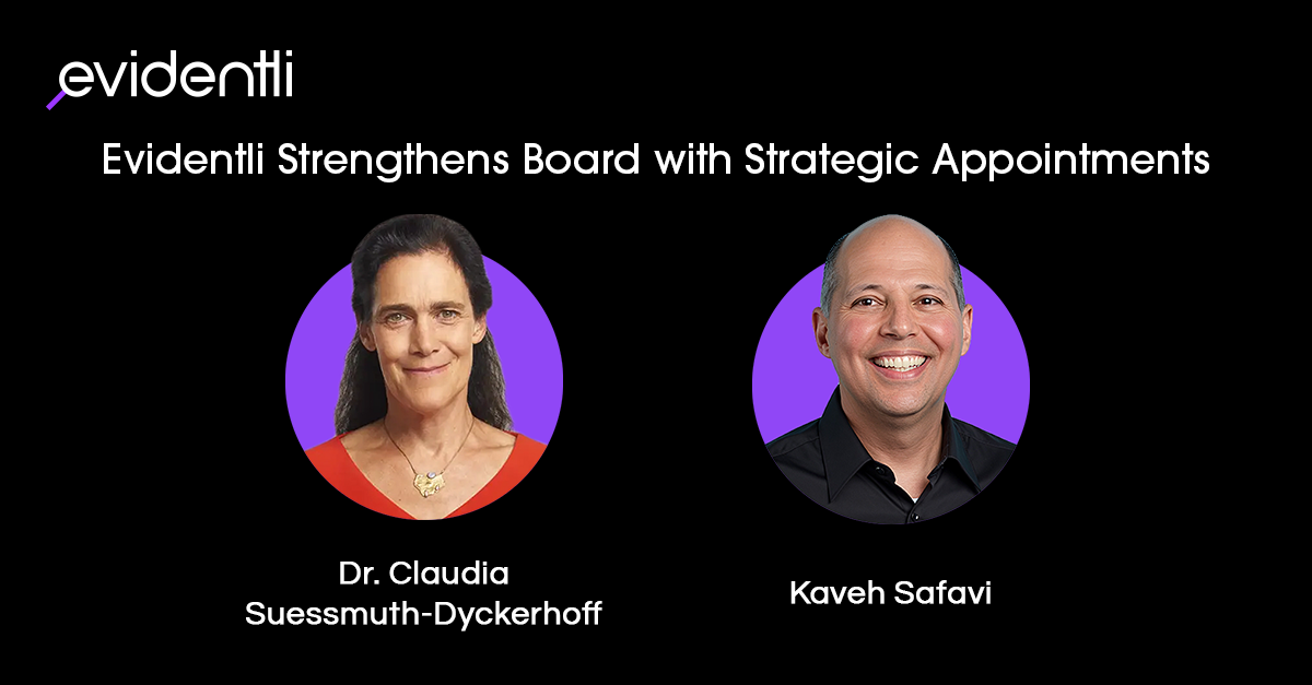 A simple graphic with a black background featuring the headshots of two people. Each person's headshot is edited into a bright purple circle graphic. The title reads: "Evidentli Strengthens Board with Strategic Appointments"