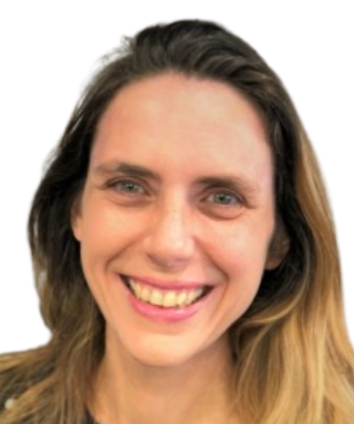 A headshot of a smiling long-haired woman wearing a polka-dot shirt edited within a simple circle graphic with a bright purple background.